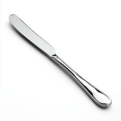 A polished stainless steel butter knife resting on a clean white background, ideal for culinary use