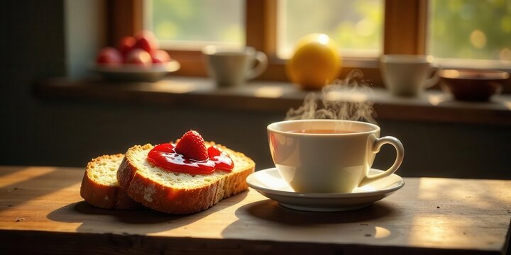 A delightful morning tea break featuring warm beverage, sweet bread with berry preserves, and sunlit ambiance