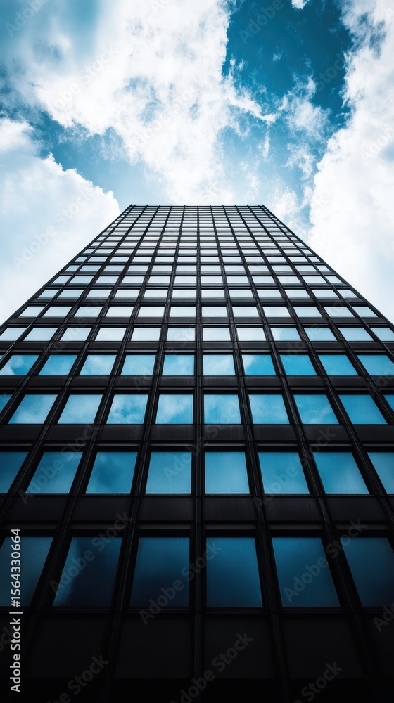 Poster modern skyscraper architecture against a cloudy sky: a low angle view