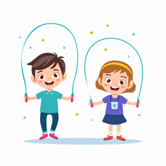 Happy Children Playing Jump Rope Vector Illustration