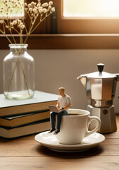 Miniature figures work from home, The power of coffee