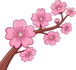 Cartoon Cherry Blossom Branch with Pink Flowers and Brown Stem