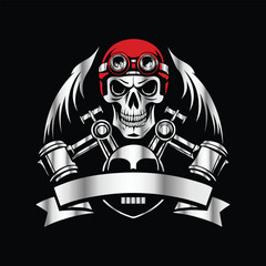 Skull and gear. Vector illustration on a black background. Design element. Skull with helmet and gear on black background. Vector illustration.