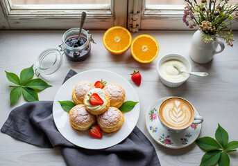 Cup coffee of latte art with Cream and strawberry puffs