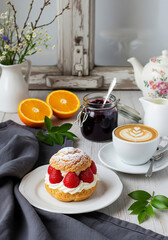 Cup coffee of latte art with Cream and strawberry puffs