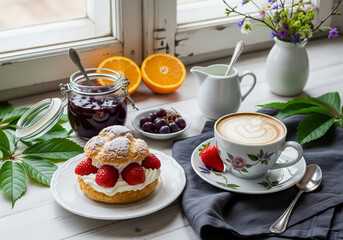 Cup coffee of latte art with Cream and strawberry puffs