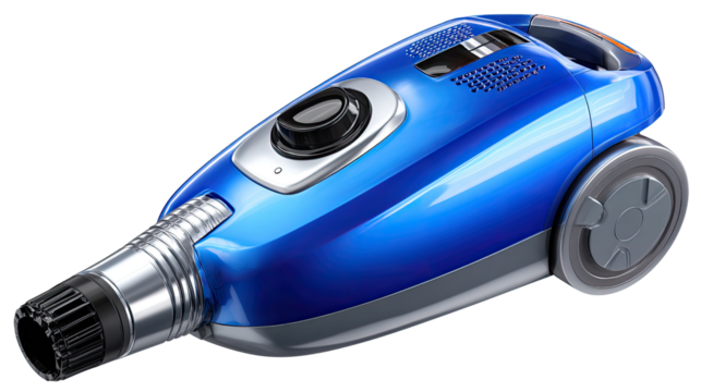 Shiny Vacuum Cleaner: Capture a close-up view of a modern and sleek, this electric vacuum cleaner in vibrant blue color. Highlighting the features of a clean and efficient home appliance.