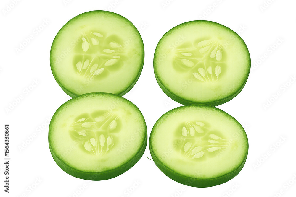 Poster four vibrant cucumber slices arranged on a transparent background, showcasing their fresh green colo