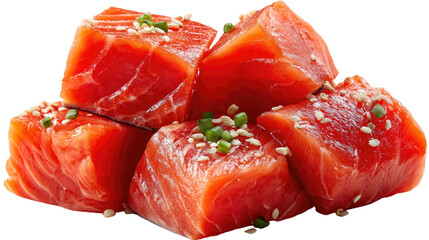 Salmon Cubes with Sesame Seeds: A delectable pile of fresh salmon cubes, glistening with sesame seeds and a hint of fresh chives, ready for cooking.