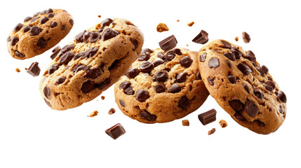 Delicious Flight: A delectable assortment of freshly baked chocolate chip cookies seemingly dance in mid-air, captured in a moment of delightful food photography.