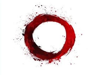 Abstract red circle with grunge texture and splatters on white background.