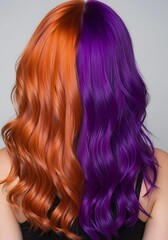 Naklejka premium long hair style of a woman. woman with two tone wavy hair with orange and purple split dye hair or half-and-half hair. unique and bold hairstyle.