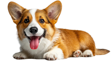 Corgi's Sunny Smile: A delightful corgi, beaming with a happy grin, rests contentedly, offering an engaging pose perfect for pet lovers. Capturing their playful innocence and charm.