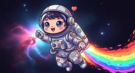 Cute astronaut girl floating in space with a rainbow trail and a heart balloon
