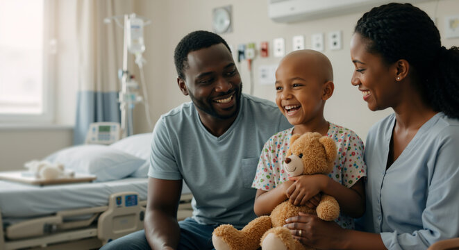 Joyful Black family with a child patient in the hospital. Laughing bald girl holding a teddy bear with her loving parents. Family support and comfort concept.