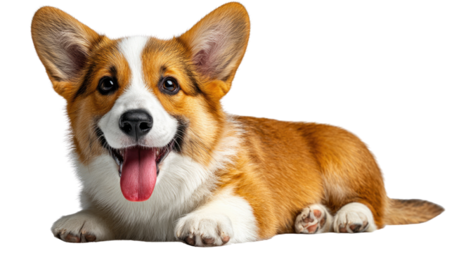 Corgi's Sunny Smile: A delightful corgi, beaming with a happy grin, rests contentedly, offering an engaging pose perfect for pet lovers. Capturing their playful innocence and charm.