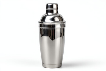 Sleek stainless steel cocktail shaker standing upright against a plain white background, ideal for bartending