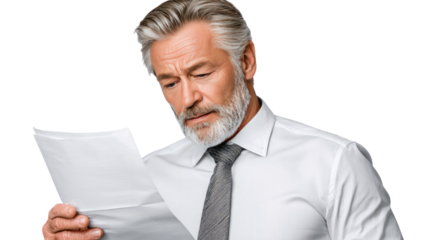 Focused Review: A distinguished business professional meticulously reviews important documents, his eyes reflecting the depth of his experience and insight in this professional studio shot.
