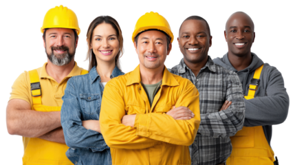 Building Crew: A diverse group of construction workers in hard hats stand confidently together, representing unity, skill, and dedication in their profession.