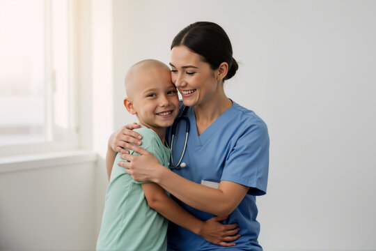 Happy bald child patient hugging a female nurse. Smiling boy and healthcare worker embracing in a bright clinic room. Hope and recovery concept.