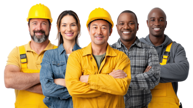 Building Crew: A diverse group of construction workers in hard hats stand confidently together, representing unity, skill, and dedication in their profession.