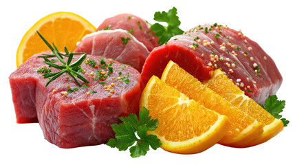 Culinary Palette: A mouthwatering array of raw steaks, accompanied by vibrant orange slices and fragrant sprigs of herbs, creates a delectable still-life scene perfect for culinary-themed projects.