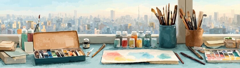 Fototapeta premium A cozy artist's workspace features watercolor paints, brushes, and a city skyline view through the window.