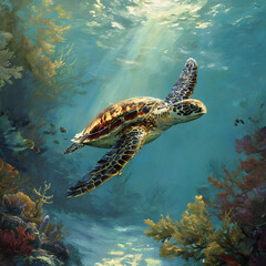 Obraz premium Graceful Marine Turtle Gliding Through Serene Ocean Waters in a Captivating Underwater Scene