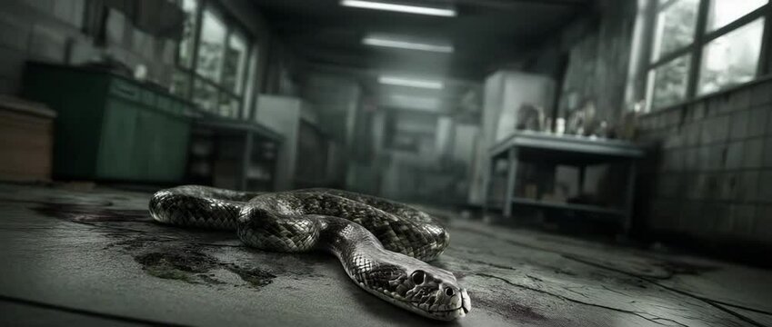 Python on Tiled Floor: A sinister python slithers across a gray tiled floor, its scales shimmering in the dim light of a seemingly abandoned room, evoking mystery.