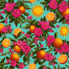 A blue background with a floral pattern and a sun