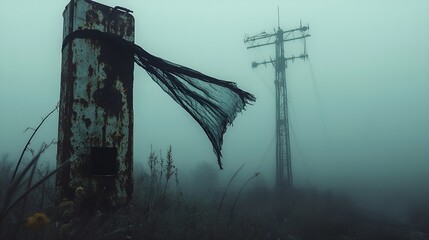 Tattered Black Flag in a Bleak, Foggy Industrial Wasteland.