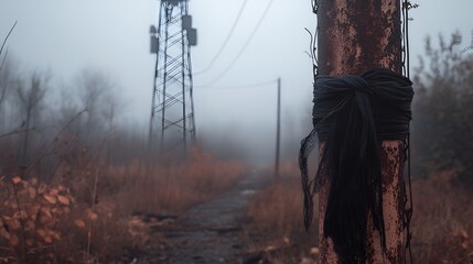 Mourning Cloth on Rusty Pole in Foggy Post-Apocalyptic Landscape.