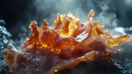 Cinematic Close-Up of Sizzling Crispy Bacon with Dramatic Lighting.