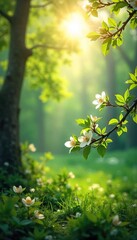 Obraz premium Serene Spring Landscape Sunlight Dapples Vibrant Green Blossoms and New Leaves in a Gentle Breeze, promising warmth and renewal.