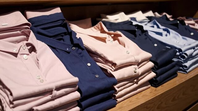 Neatly folded pastel and navy shirts clothing display wooden shelf, organized by color, creating inviting retail atmosphere with stacked cotton shirt