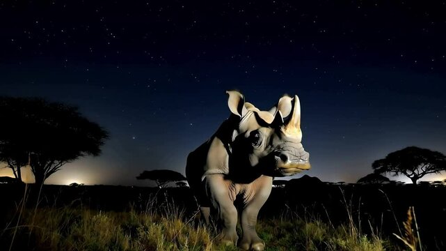 The young Black rhinoceros (Diceros bicornis) calling mother at night in Tsavo National Park, Kenya. High sensitivity camera.
