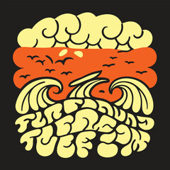 Obraz premium Retro illustration of a sunset over the ocean with stylized waves and birds flying above, evoking a vintage surf vibe