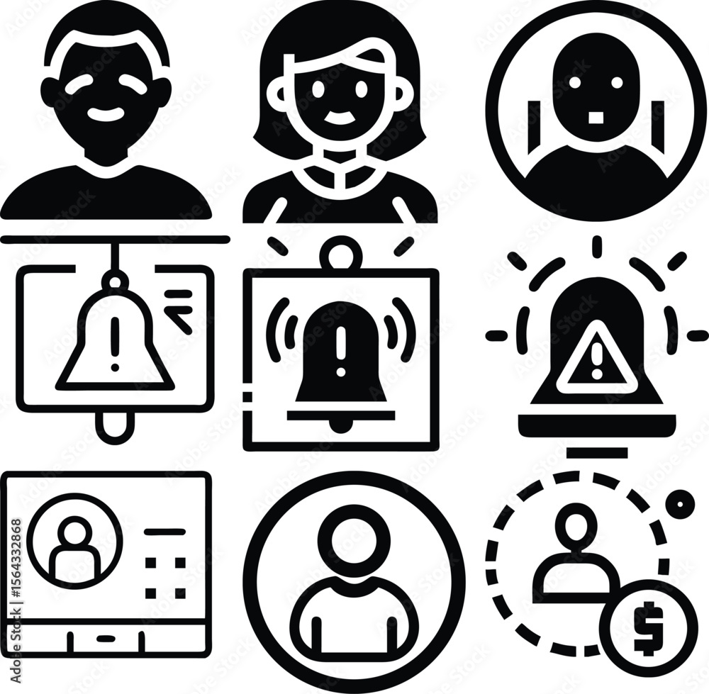 Poster collection of icons representing people alerts notifications and financial transactions