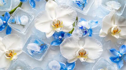 Orchid and blue flowers frozen in ice cubes. Concept of wedding, party celebration