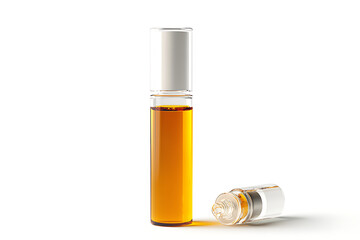 Golden liquid substance fills glass tubes, creating a minimalist concept for scientific research or pharmaceutical product presentation, set against a clean white backdrop.