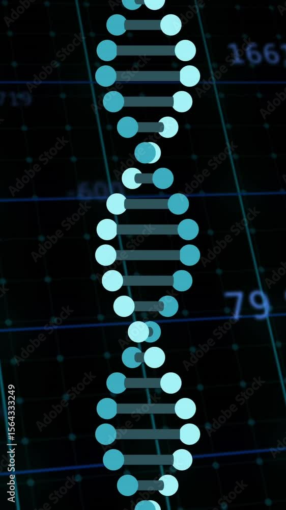 Poster animation of numbers and data processing and dna strands spinning