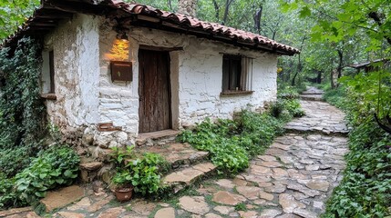 Whitewashed Stone Cottage in a Lush Green Forest