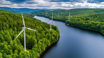 Wind Turbines in a Green Forest by a River