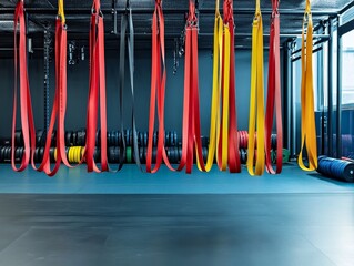 Colorful Resistance Bands Hanging in a Clean Gym