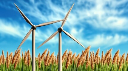 Wind Turbines in Golden Wheat Field under Blue Sky