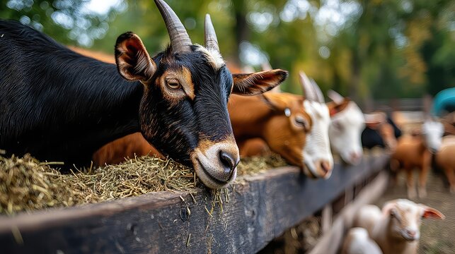 Feeding animals farm, hay tossed into troughs, goats cows chickens eating, daily agricultural care routine, visible connection between farmer and livestock