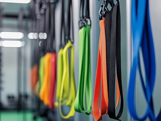 Colorful Resistance Bands Hanging in a Clean Gym