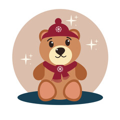 Teddy bear wearing warm hat and scarf decorated with snowflakes