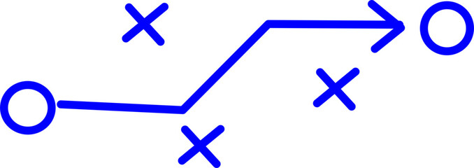 Blue line icon showing a tactical sports play with arrows, circles, and X symbols. Ideal for game strategy, coaching materials, and sports training visuals.