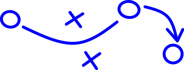 Blue line icon showing a sports strategy or play diagram with arrows and player positions. Ideal for coaching, training materials, and game planning illustrations.